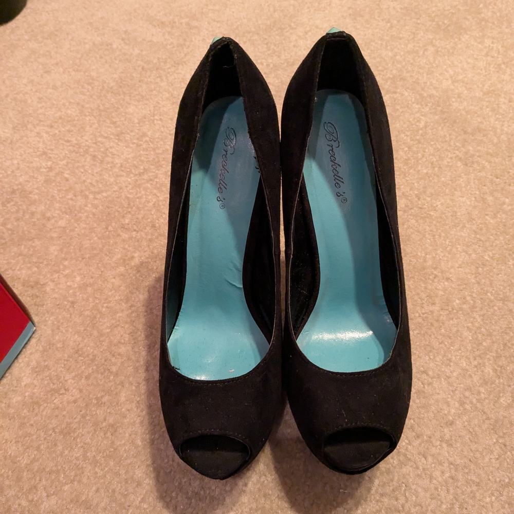 Bordello Black Suede Peep Toe Heels